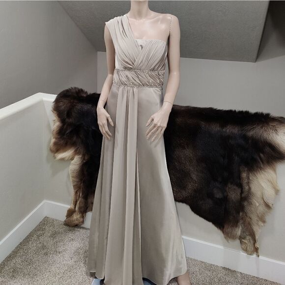 New One-Shoulder 2 ways to wear, Beaded  Satin twill & Chiffon Gown - Picture 1 of 15